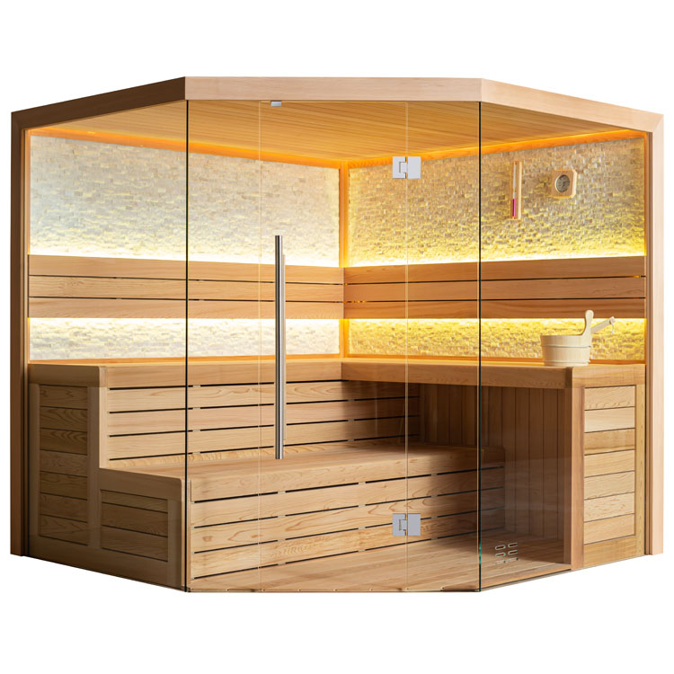Moderne Sauna mit Glaswänden, blauer LED-Beleuchtung und L-Bankform im Inneren.