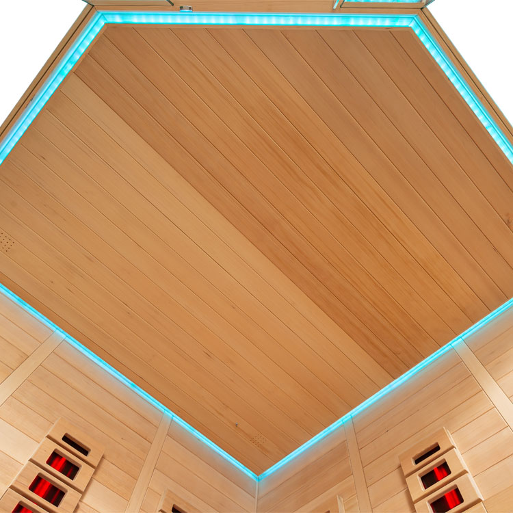 Saunaraum aus hellem Holz mit dezenter Hintergrundbeleuchtung an den Wänden.